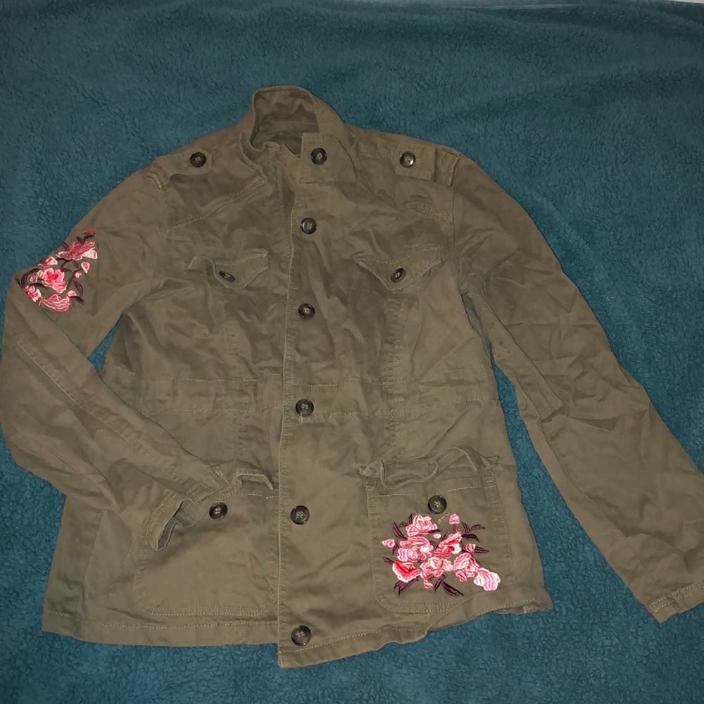 Army green jacket with floral patches